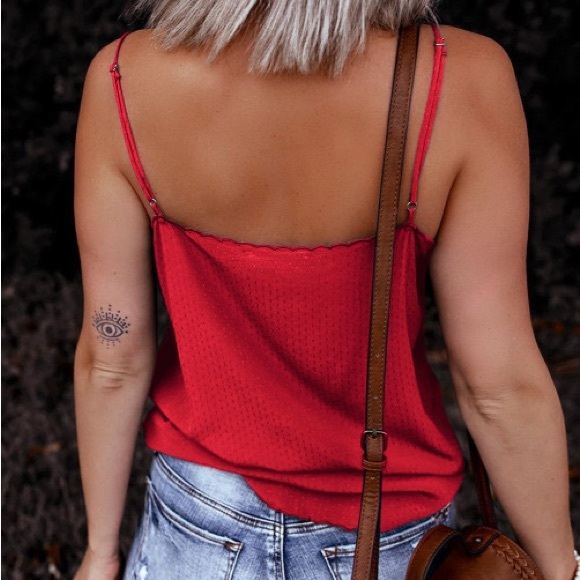 Red Crochet V Neck Slip Tank Top - Picture 3 of 10